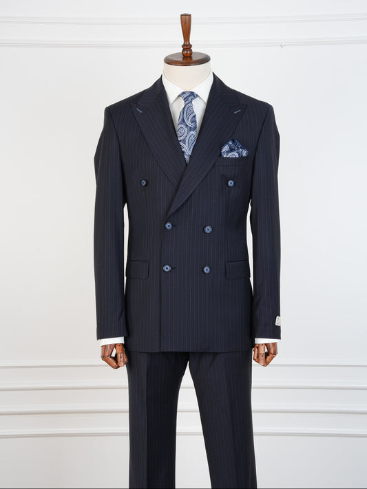Navy Pinstripe Wool Suit – Double Breasted Slim Fit | Luxury 100% Wool Business Suit by Parez