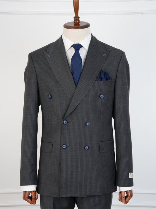 Men’s Striped Grey Wool Suit – Classic Double-Breasted Formalwear by Parez