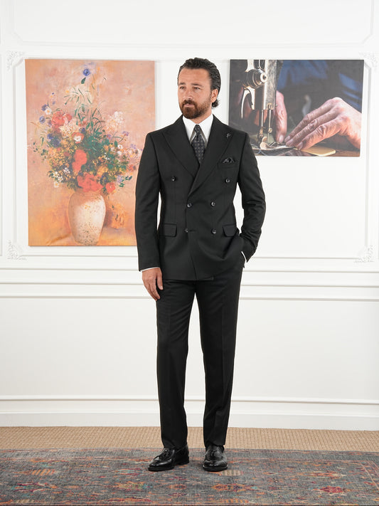 Tailored Fit Black Double Breasted Full Suit Regular Parez