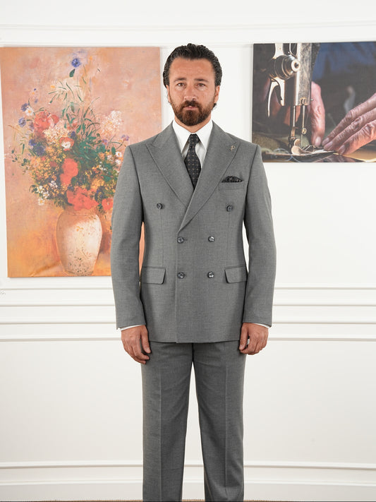 Tailored Fit Gray Double Breasted Full Suit Regular Parez