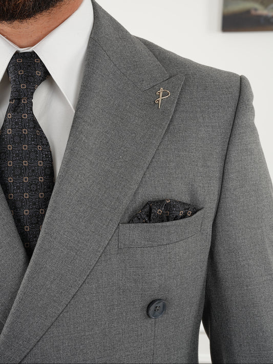 Tailored Fit Gray Double Breasted Full Suit Regular Parez