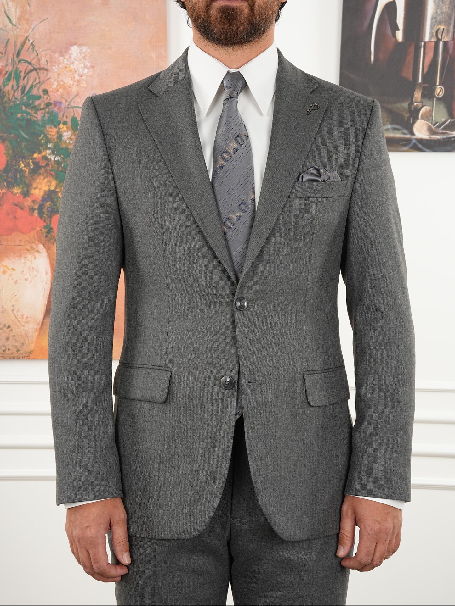 Tailored Fit Light Gray Single Breasted Closure Full Suit