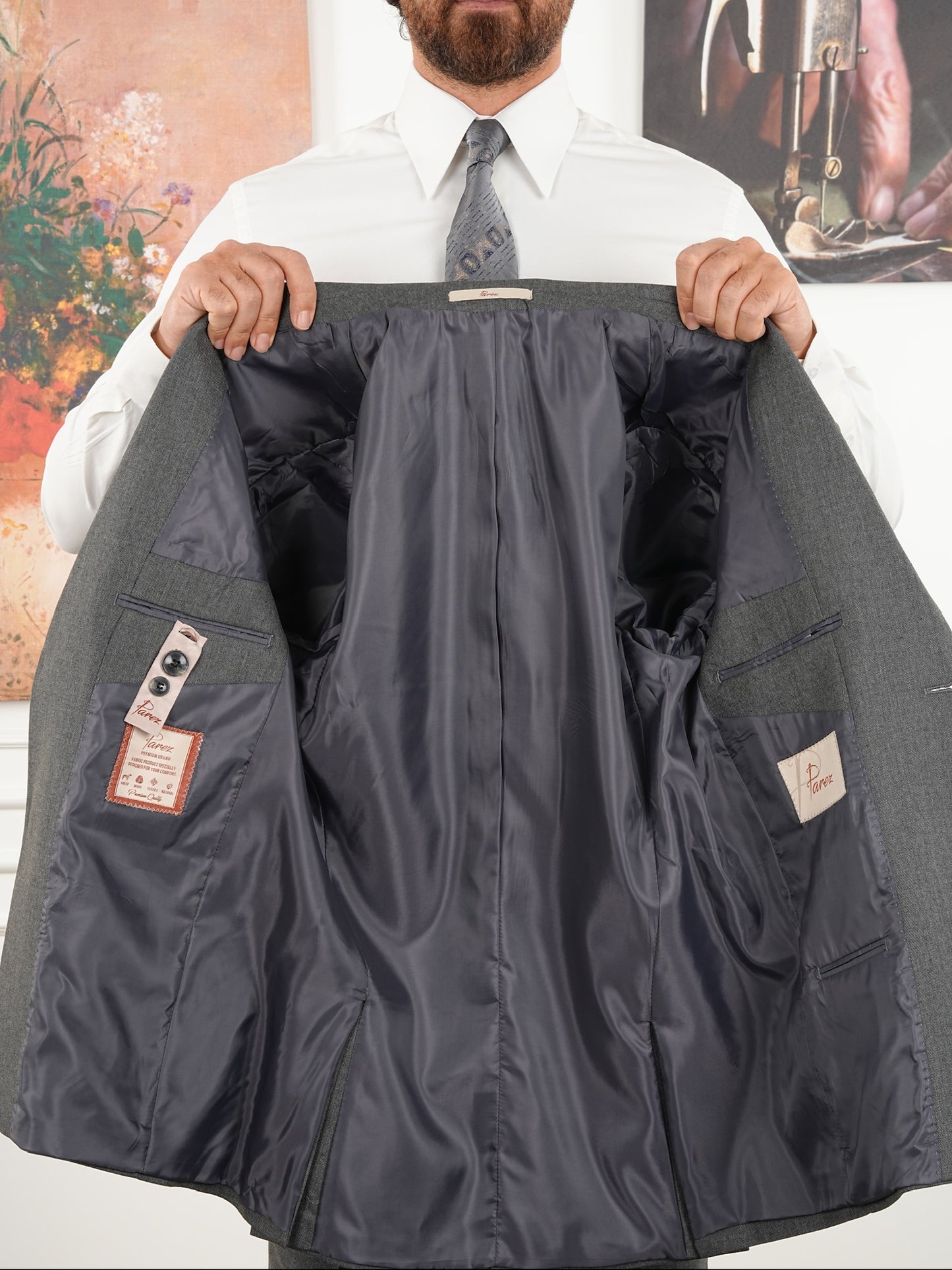 Tailored Fit Light Gray Single Breasted Closure Full Suit